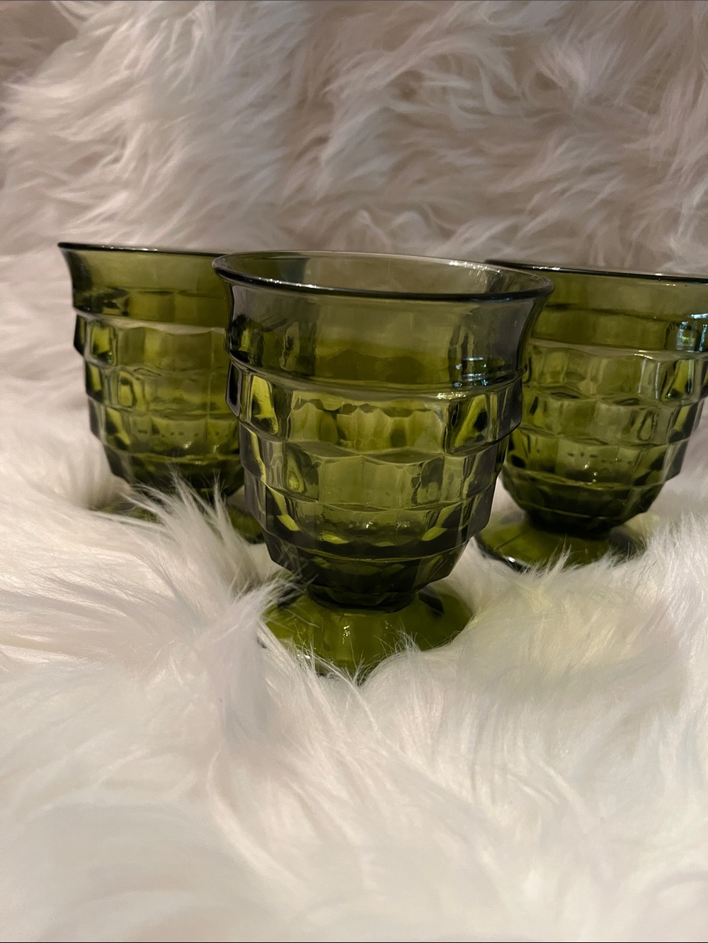 Olive Green Faceted Glass Tumblers - Set of 3